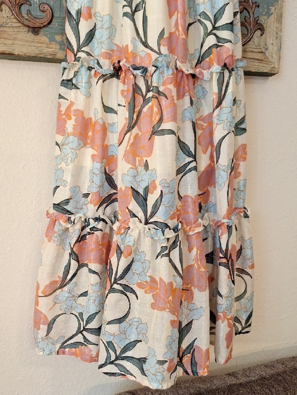 Smocked Floral Maxi Dress in Cream with Peach & Light Blue. NWOT Size Small - Picture 6 of 10